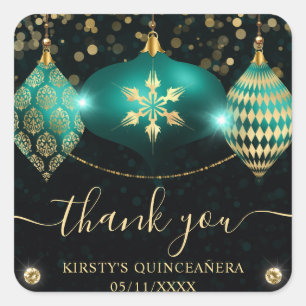 Türkise und goldene Weihnachtskugeln Quinceanera Quadratischer Aufkleber