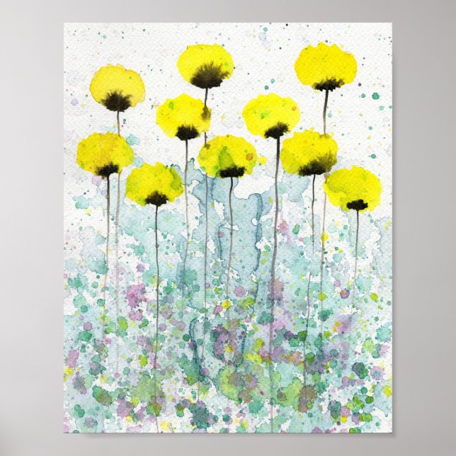 Türkise und graue Mohnblumen, Aquarell-Blumen-Wand Poster (Vorne)