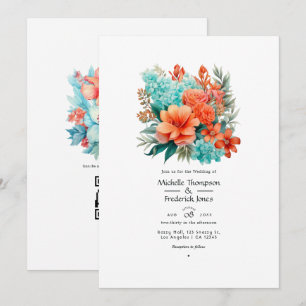 Türkise und korallene Blumenhochzeit Einladung