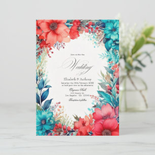 Türkise und korallenrote Aquarell-Blumenhochzeit Einladung
