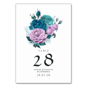 Türkise und lavendelfarbene Hochzeit mit Blumen Tischnummer