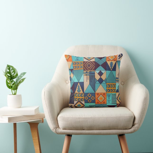 Türkise und orangefarbene Patchwork-Tasche Kissen (Stuhl )