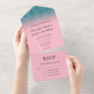 Türkise und rosa Ombre Glitter Hochzeit All In One Einladung