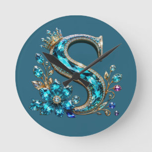 Türkiser Kristallbuchstabe S & Krone Runde Wanduhr
