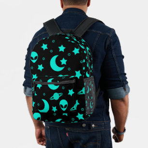 Türkises Alien-Muster mit Sternen und Monden Bedruckter Rucksack