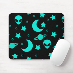 Türkises Alien-Muster mit Sternen und Monden Mousepad
