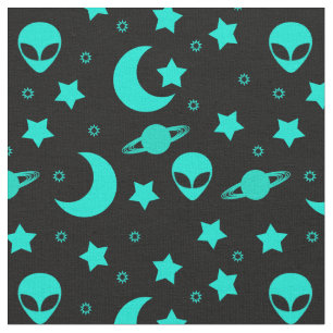 Türkises Alien-Muster mit Sternen und Monden Stoff