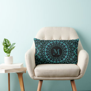 Türkises florales Mandala-Monogramm Lendenkissen