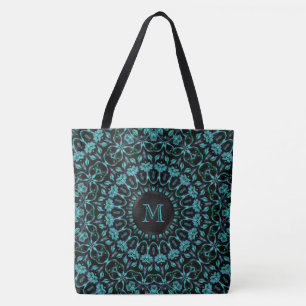Türkises florales Mandala-Monogramm Tasche