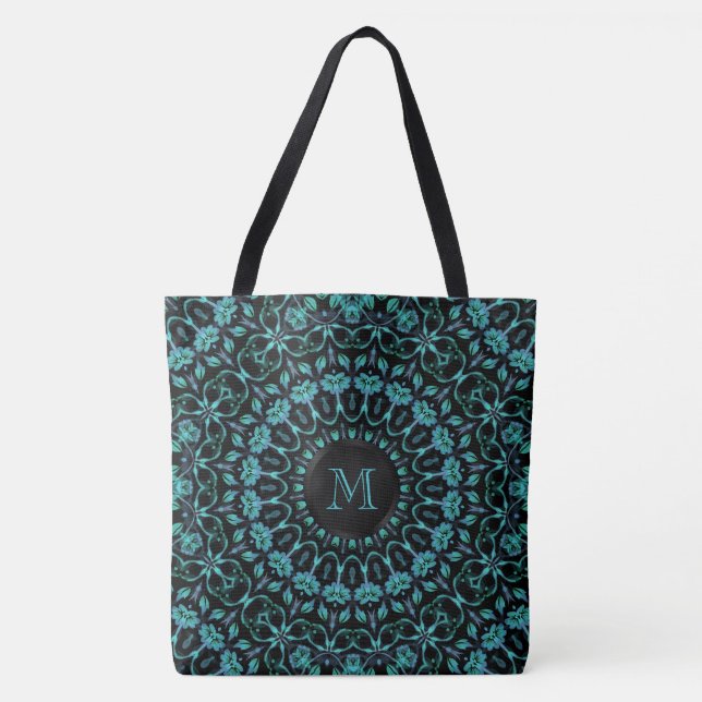 Türkises florales Mandala-Monogramm Tasche (Vorderseite)