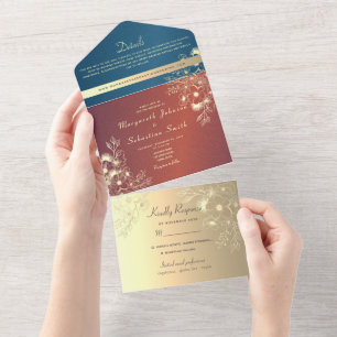 Türkises Gold Blumen Foto Hochzeit All In One Einladung