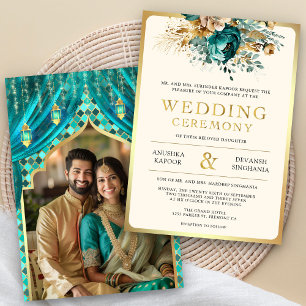 Türkises Gold Blumen Indien Hindu Foto Hochzeit Einladung