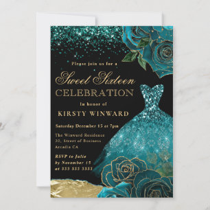 Türkises und goldenes Glitterkleid Glamouröse Rose Einladung