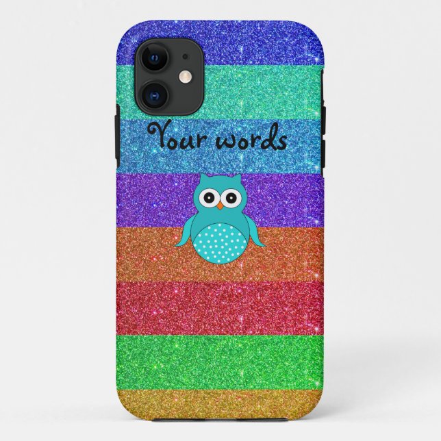 Türkiseulen-Regenbogen-Glitter Case-Mate iPhone Hülle (Rückseite)