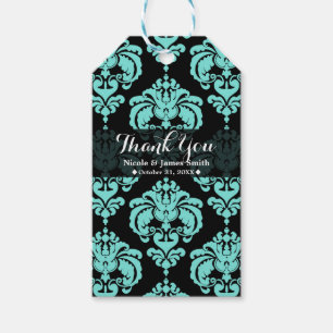 Türkisfarben Aqua Schwarz Damast Vintage Hochzeits Geschenkanhänger