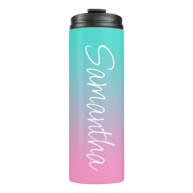 Türkisfarben Aquamarin und rosa Ombre Thermosbecher (Vorderseite)