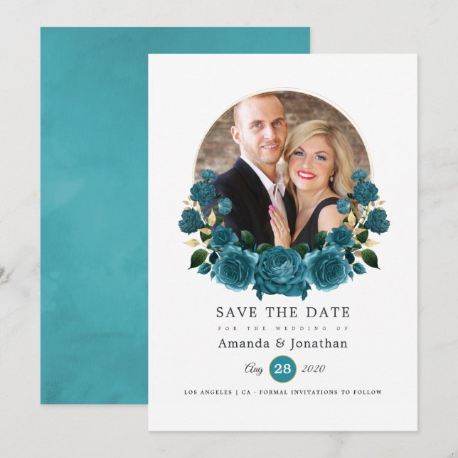 Türkisfarben - Aquamarines und goldbläsernes Hochz Save The Date (Vorne/Hinten)