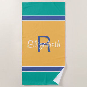 Türkisfarben Blau Gelb Maßgeschneidert Monogramm N Strandtuch