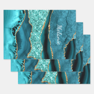 Türkisfarben Blau Gold Glitter Personalisiert Dein Geschenkpapier Set