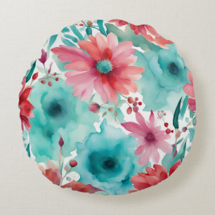 Türkisfarben Blau Rote Aquarell Frühlingsblumen Rundes Kissen