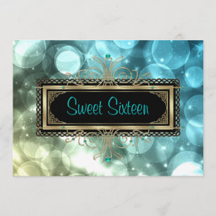 Türkisfarben Blau Schwarz Gold Sweet Sixteen Gebur Einladung