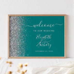 Türkisfarben Blau Silber Glitter Hochzeit Willkomm Poster
