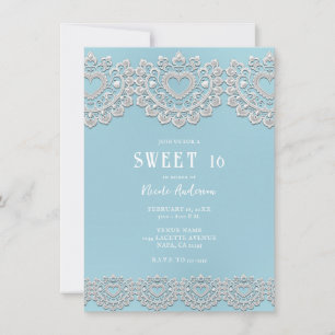 Türkisfarben Blau Weiße Spitze Herz Sweet 16 Einladung