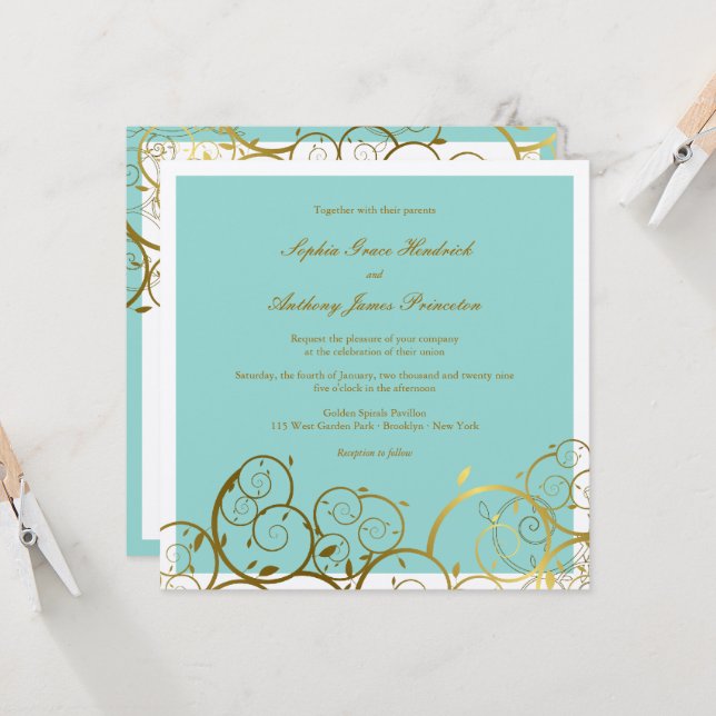 Türkisfarben & Goldene Spiralen Elegante Hochzeit Einladung (Vorderseite/Rückseite Beispiel)