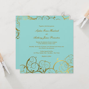 Türkisfarben & Goldene Spiralen Elegante Hochzeit Einladung
