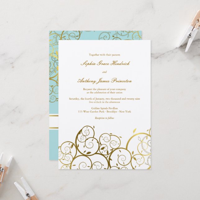Türkisfarben & Goldene Spiralen Elegante Hochzeit Einladung (Vorderseite/Rückseite Beispiel)