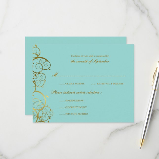 Türkisfarben & Goldene Spiralen Elegante Hochzeit RSVP Karte (Vorderseite/Rückseite Beispiel)