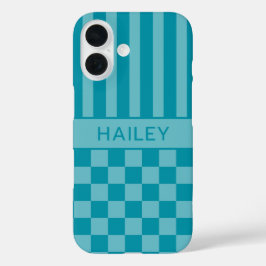 Türkisfarben kariert gestreift personalisiert iPhone 16 hülle