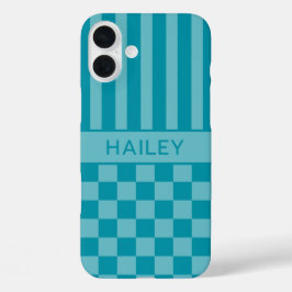 Türkisfarben kariert gestreift personalisiert iPhone 16 plus hülle