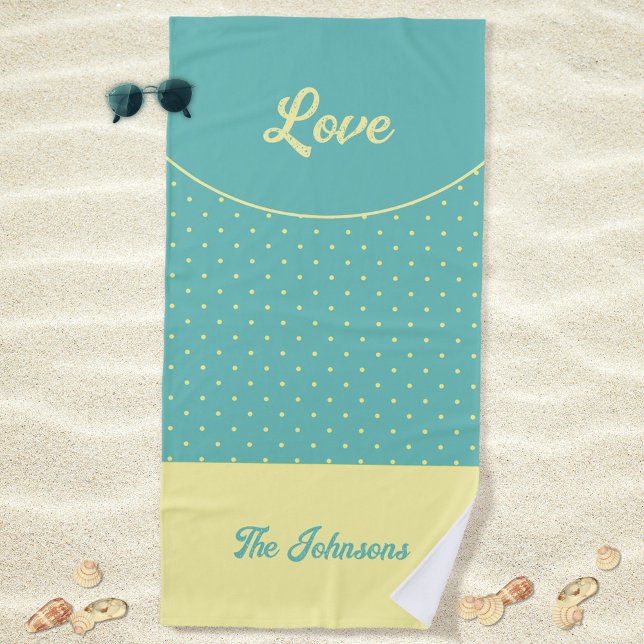 Türkisfarben Mitte des Jahrhunderts Gelbe Retro Do Strandtuch (Love Turquoise Retro Dots Yellow Mid Century 50s Beach Towel ©Susanne Sachers - Sunny Mind Design)
