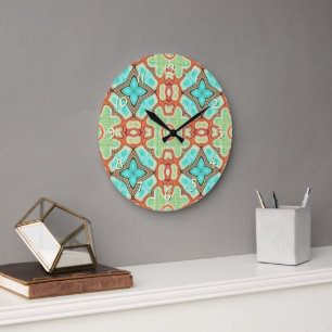 Türkisfarben Orange Limettengrün Hip Ornamentales Große Wanduhr