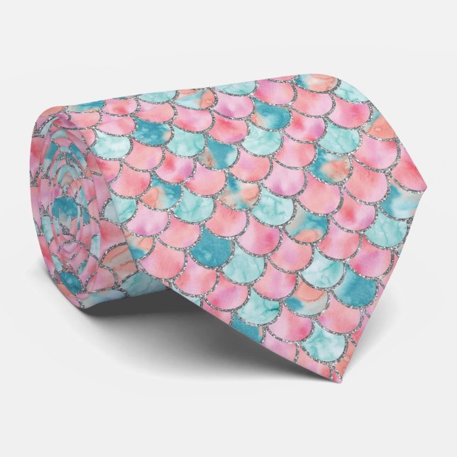 Türkisfarben Pink und Silver Mermaid-Skala Krawatte (Gerollt)
