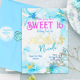Türkisfarben Rosa Gold Sweet 16 Florale Buchstaben Folieneinladung