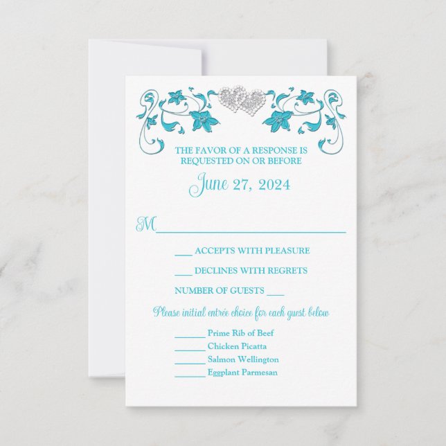 Türkisfarben, Silberne Liebe Herz für Hochzeitssze Einladung (Vorderseite)