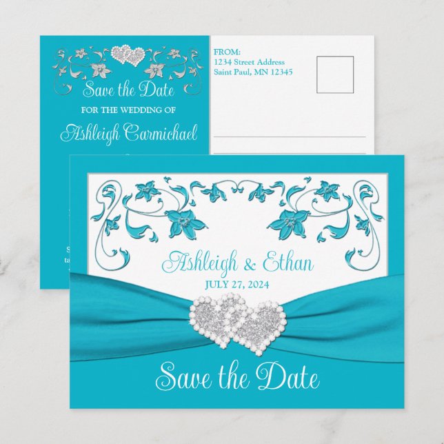 Türkisfarben, Silberne Liebe Hört Save the Date Postkarte (Vorne/Hinten)