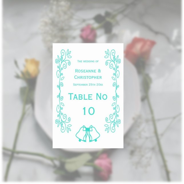 Türkisfarben-Skulptur-Hochzeit Tischnummer (Turquoise wedding table number card bells and scrollwork design)