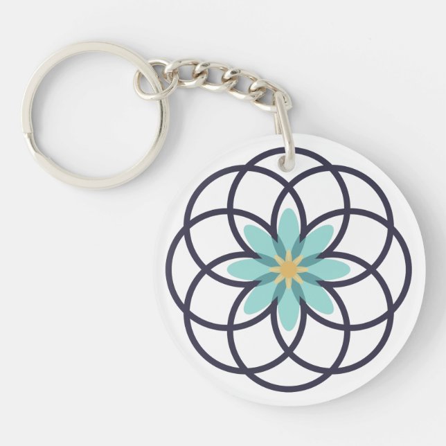 Türkisfarben und blau-blaue Blume-Design Akryllisc Schlüsselanhänger (Vorderseite)