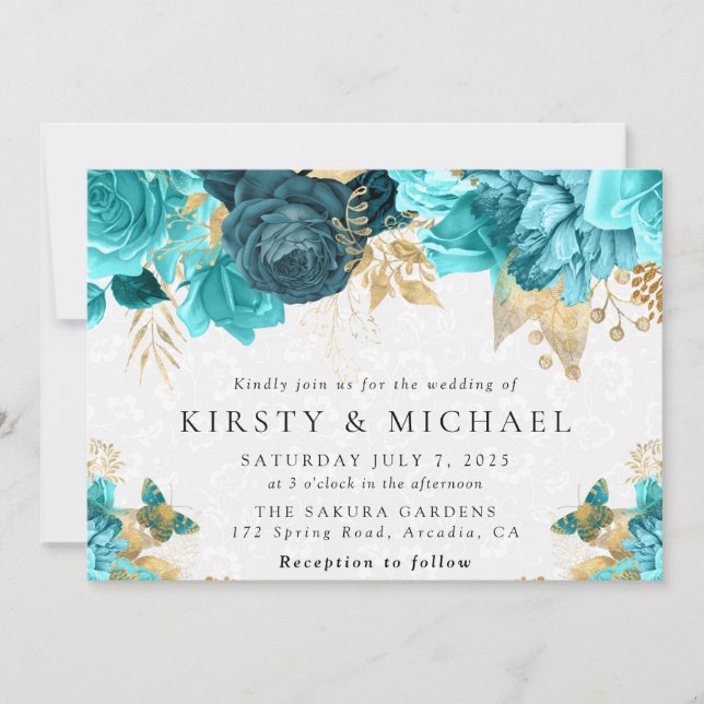 Türkisfarben und goldene Blume Hochzeit Einladung (Vorderseite)