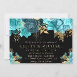 Türkisfarben und goldene Blume Hochzeit Einladung