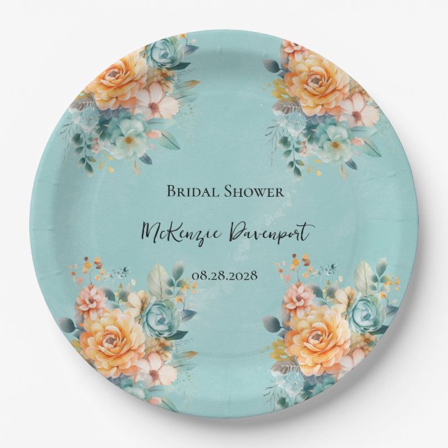 Türkisfarben und Orange Peony Chic Brautparty Pappteller (Vorderseite)