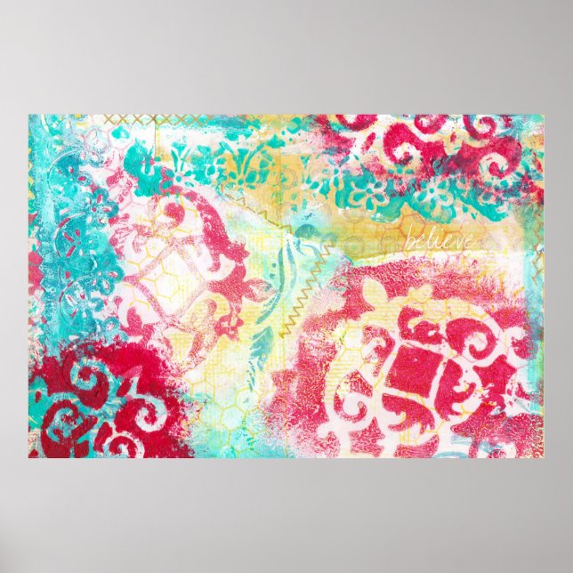 Türkisfarben und Scarlet Mixed Media Painting mit  Poster (Vorne)