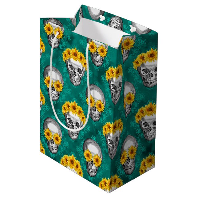 Türkisfarben und Sonnenblumen, Design 10 Mittlere Geschenktüte (Rückseite Schrägansicht)