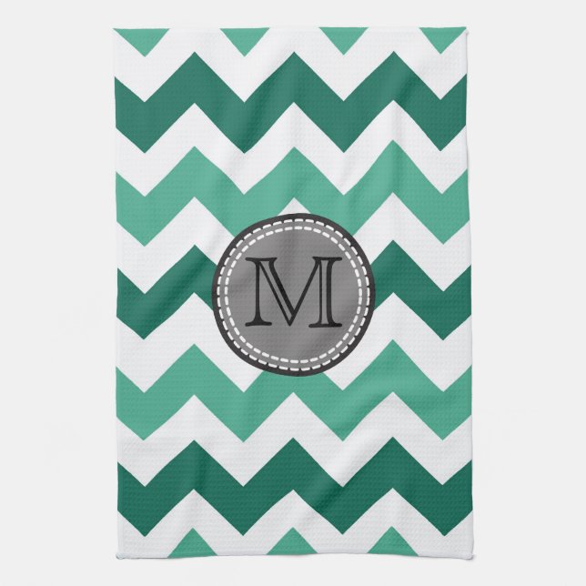 Türkisfarben und Zickzack Zigzag Monogramm Geschirrtuch (Vertikal)