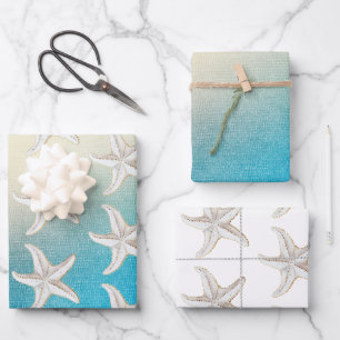 Türkisfarben Weiß Aquablau Strand Weiß Seestern Geschenkpapier Set
