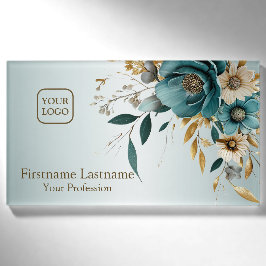 Türkisfarben Weiße Blume Goldene Blätter Elegant Namenschild