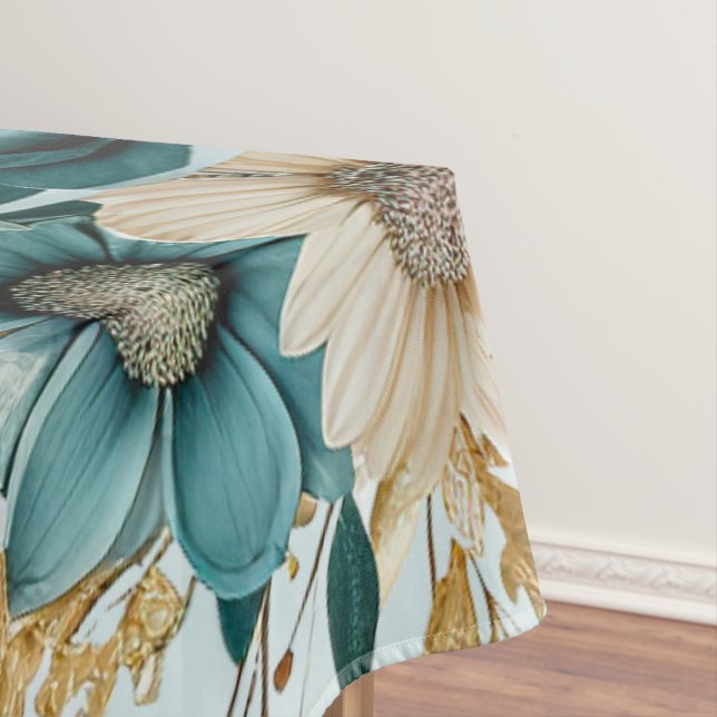 Türkisfarben Weiße Blume Goldene Blätter Elegant Tischdecke (Beispiel)